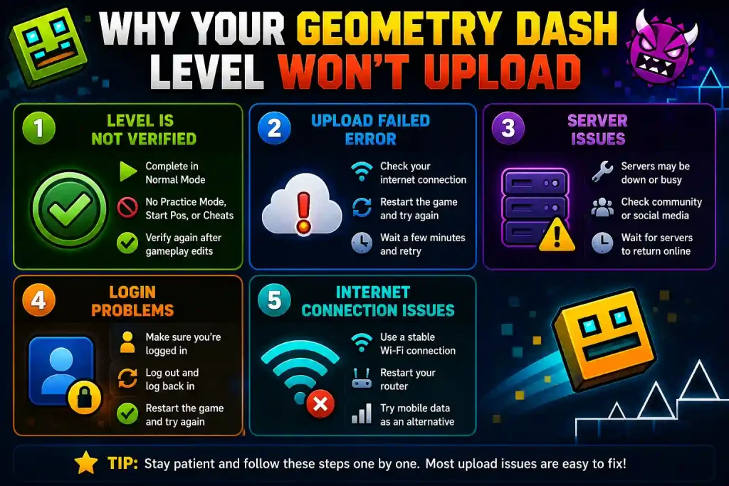Geometry Dash upload error guide showing common reasons why a level won't upload and how to fix them.