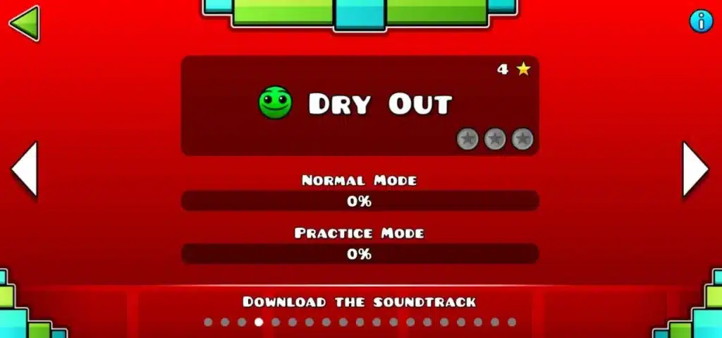 Geometry Dash Dry Out level selection screen showing Normal Mode, Practice Mode, and level progress.