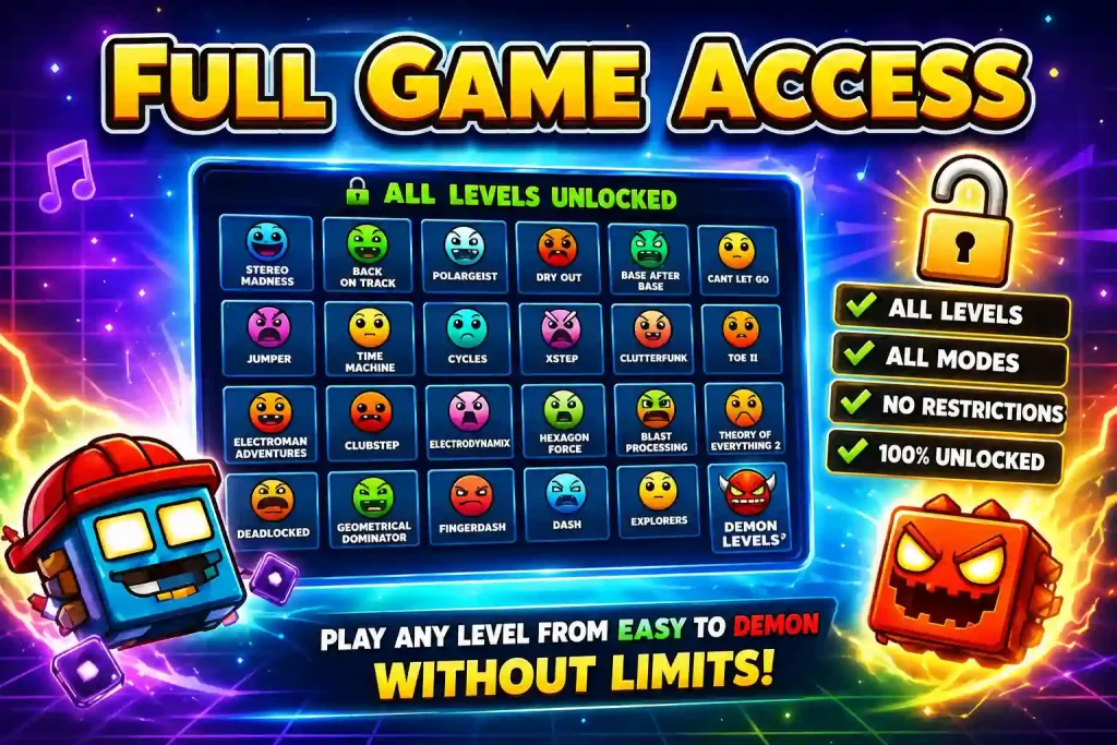 Geometry Dash APK full game access showing all levels unlocked from Easy to Demon mode with no restrictions.