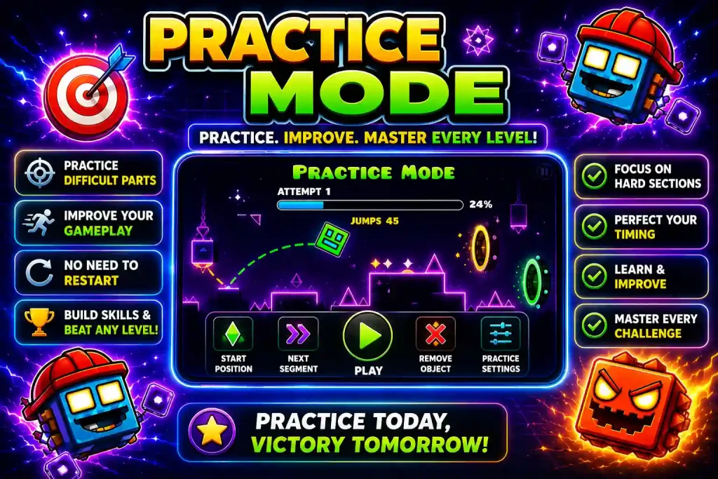 Geometry Dash iOS Practice Mode screen showing checkpoint training, improved gameplay, and skill-building for difficult levels.