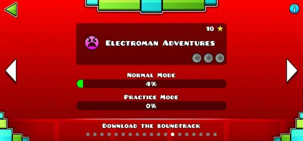 Geometry Dash Electroman Adventures level selection screen showing Normal Mode progress and Practice Mode.