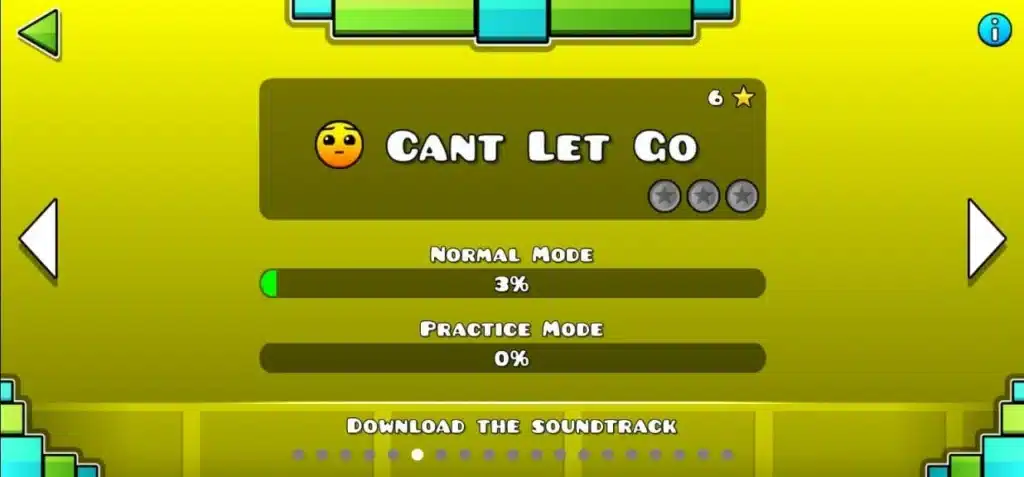 Geometry Dash Can't Let Go level screen displaying Normal Mode, Practice Mode, and level selection interface.
