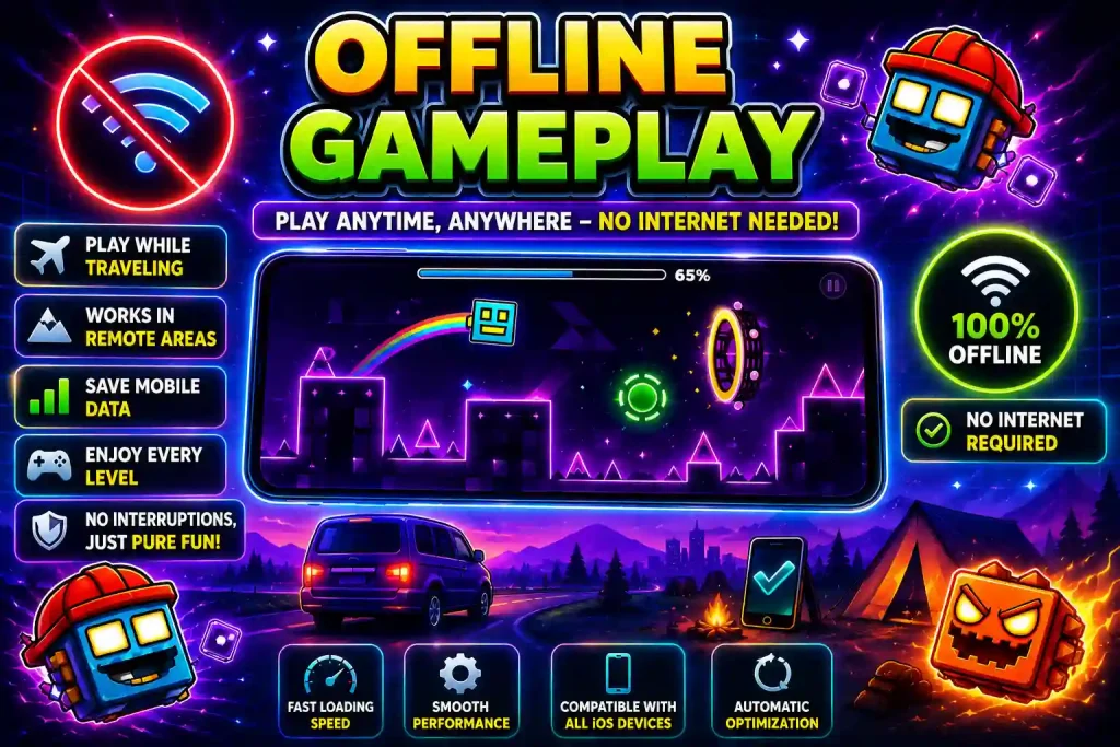 Geometry Dash iOS offline gameplay showing no internet required, smooth performance, and uninterrupted gaming anywhere.