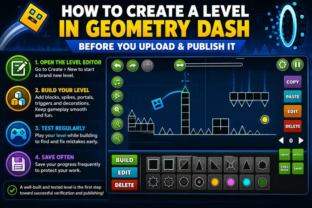 Geometry Dash level editor showing how to create, build, test, and save a custom level before uploading and publishing it.