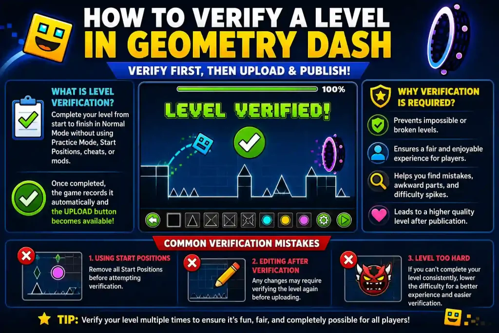 Geometry Dash level verification guide showing a verified level, gameplay screen, verification requirements, and common mistakes before uploading and publishing.