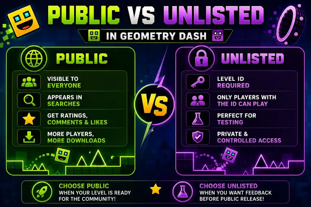 Public vs Unlisted levels comparison in Geometry Dash with visibility, Level ID, and sharing options.