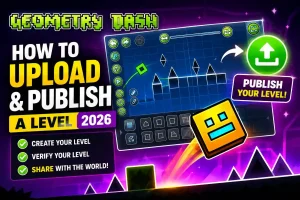 Geometry Dash featured image showing the level editor, upload button, and publish process for creating and sharing custom levels in 2026.