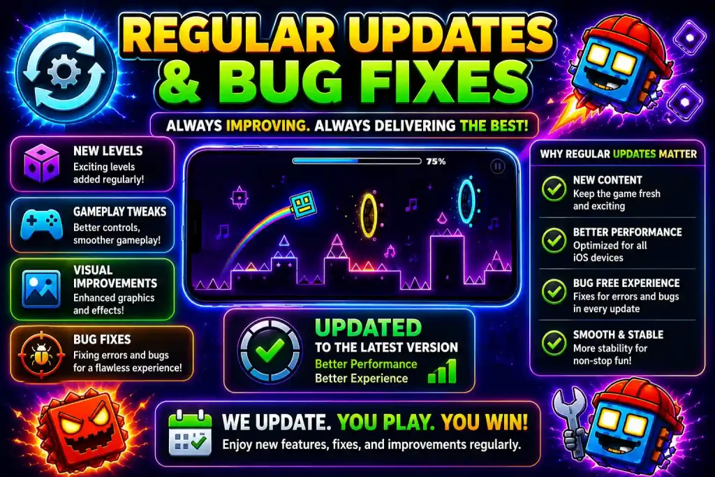 Geometry Dash iOS regular updates and bug fixes featuring new levels, gameplay improvements, visual enhancements, and stable performance.
