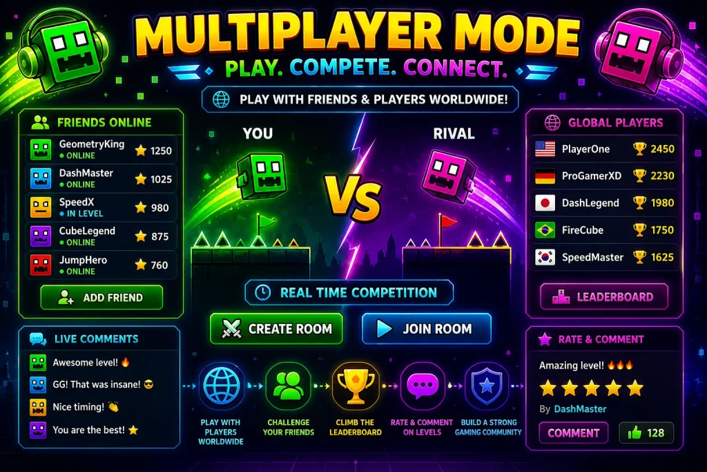 Geometry Dash APK multiplayer mode showing online players, global leaderboard, versus battle, friends list, live comments, and multiplayer gaming interface.