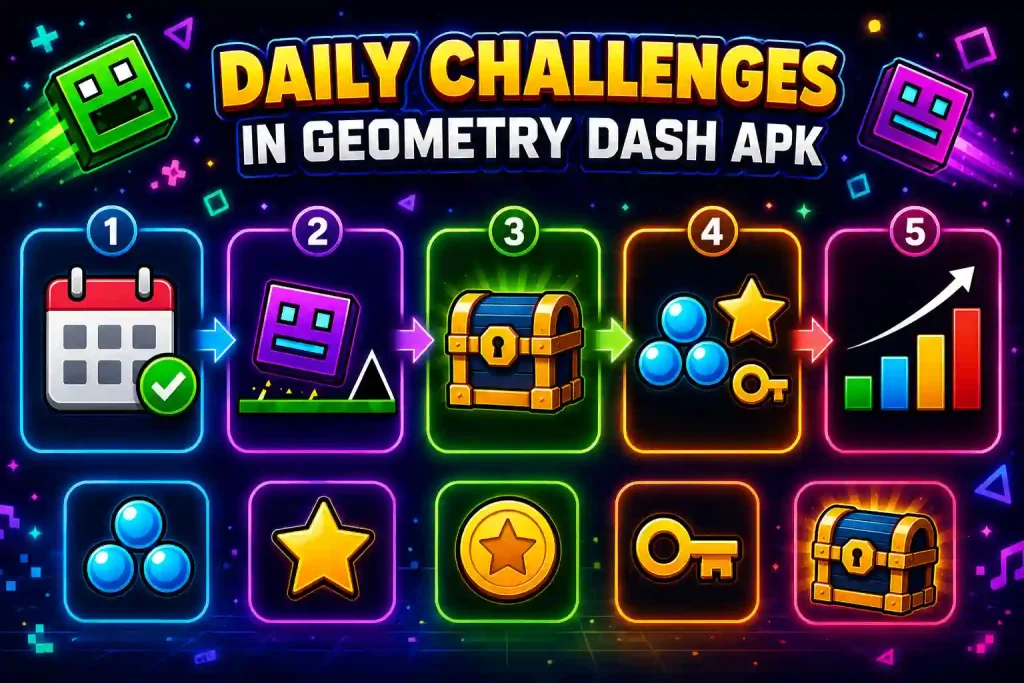 Daily Challenges feature in Geometry Dash APK showing challenge icons, rewards, treasure room chest, stars, orbs, keys, and account progression.