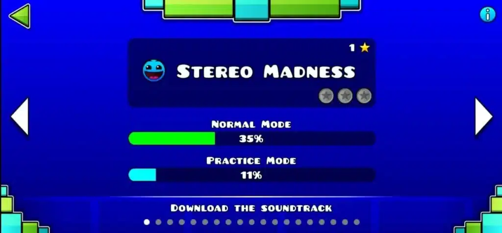 Geometry Dash Stereo Madness level showing Normal Mode and Practice Mode progress with level selection screen.