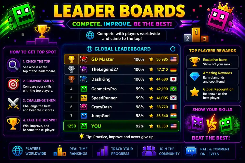 Geometry Dash APK leaderboards showing global player rankings, top scores, trophies, ranking system, multiplayer competition, and leaderboard interface.