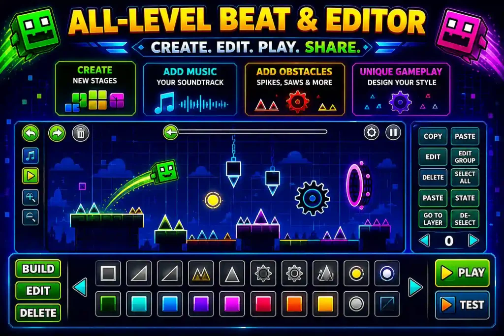 Geometry Dash APK Level Editor showing custom level creation tools, edit mode, music controls, obstacle placement, and gameplay editor interface.