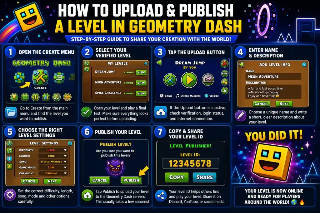 Geometry Dash tutorial infographic showing the complete process of uploading and publishing a custom level, including level selection, upload settings, publishing, and sharing the Level ID.