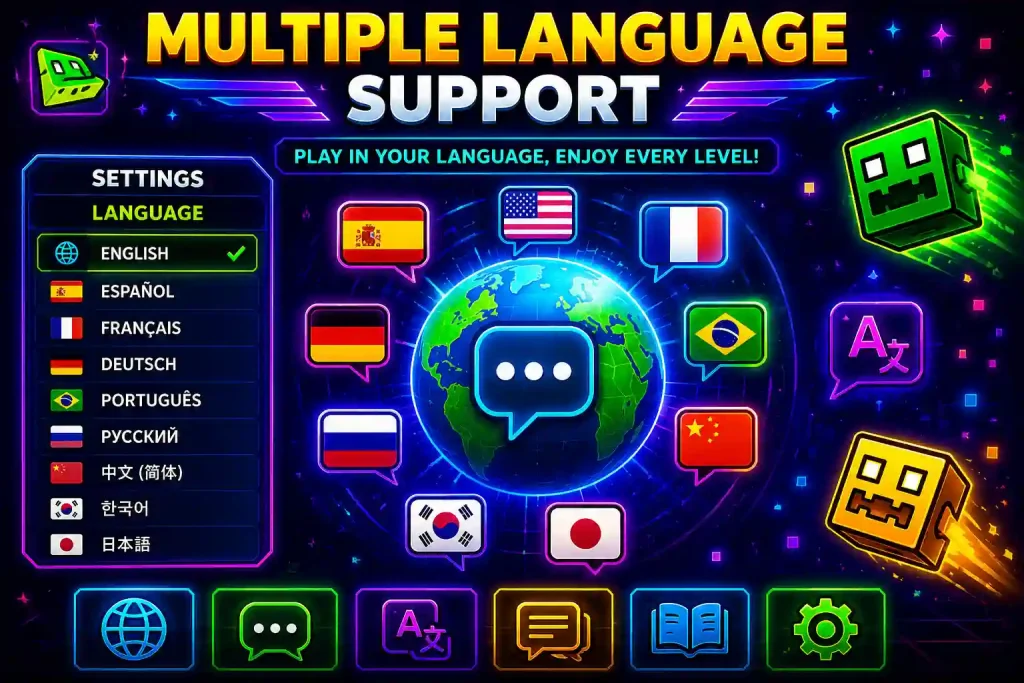 Geometry Dash APK multiple language support showing language settings, global language selection, country flags, translation icons, and multilingual gameplay interface.