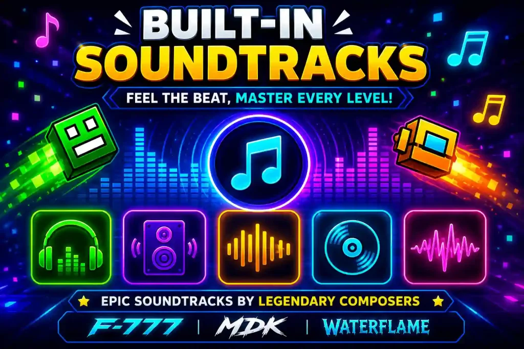 Geometry Dash APK built-in soundtracks featuring music note, headphones, speakers, sound wave, vinyl record, equalizer, and soundtrack icons.