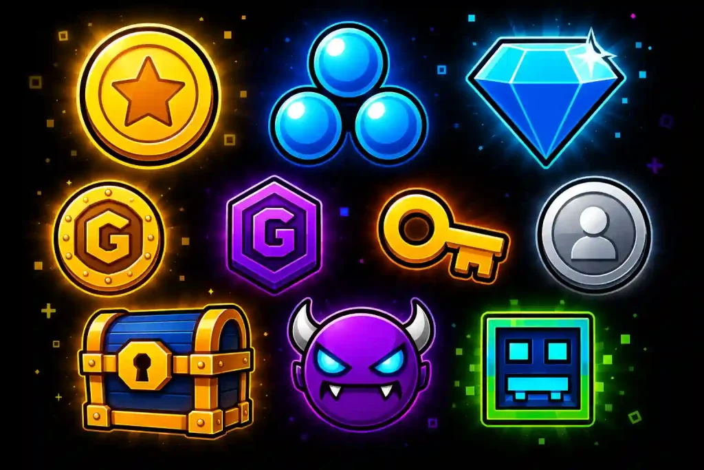 Unlock unlimited coins, orbs, diamonds, keys, chests, and premium rewards with the Geometry Dash APK mod.