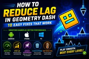 Featured image showing 10 easy ways to reduce lag in Geometry Dash and improve FPS on Android, iPhone, and PC.