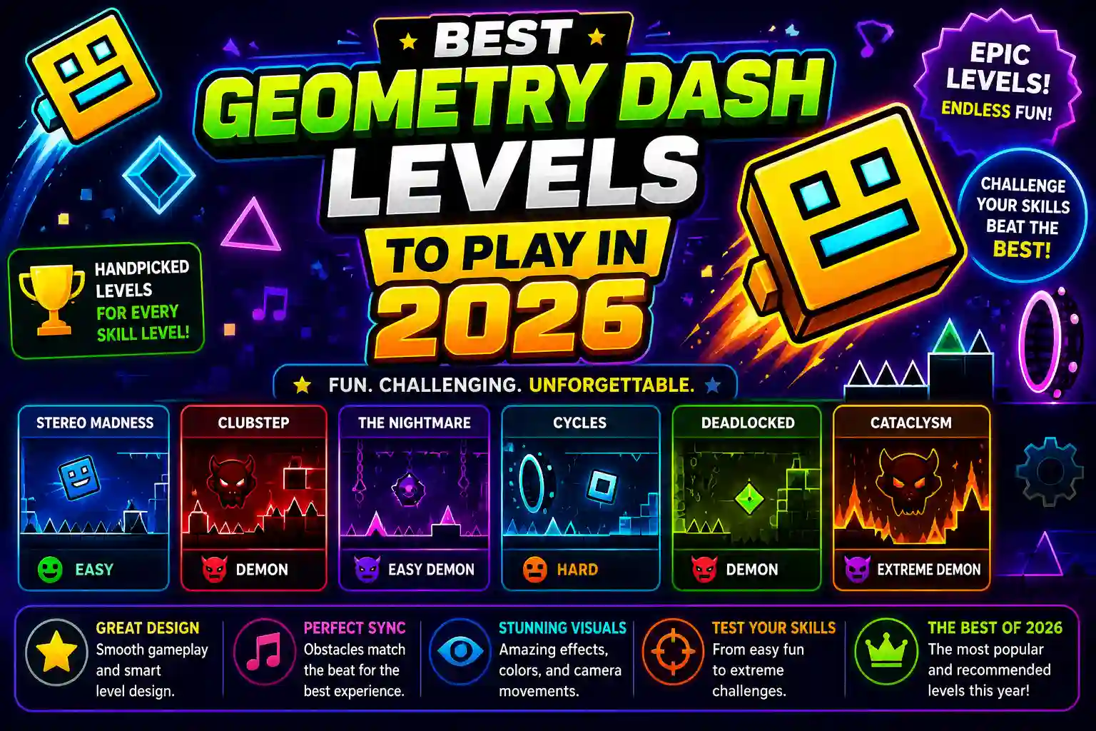 Best Geometry Dash levels to play in 2026 featuring popular levels and different difficulty levels