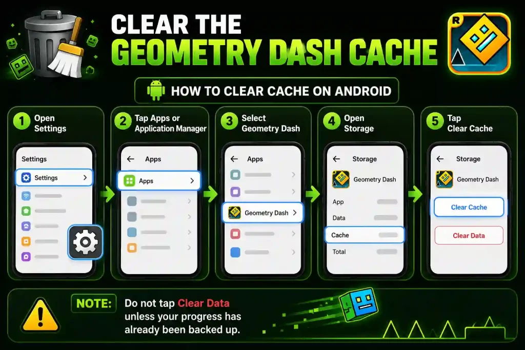 Infographic showing how to clear the Geometry Dash cache on Android without deleting game progress.