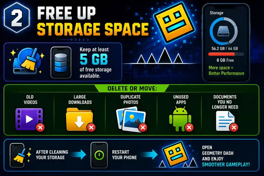 Infographic showing how to free up storage space to improve Geometry Dash performance by deleting unnecessary files, keeping at least 5 GB of free storage, and restarting the phone.