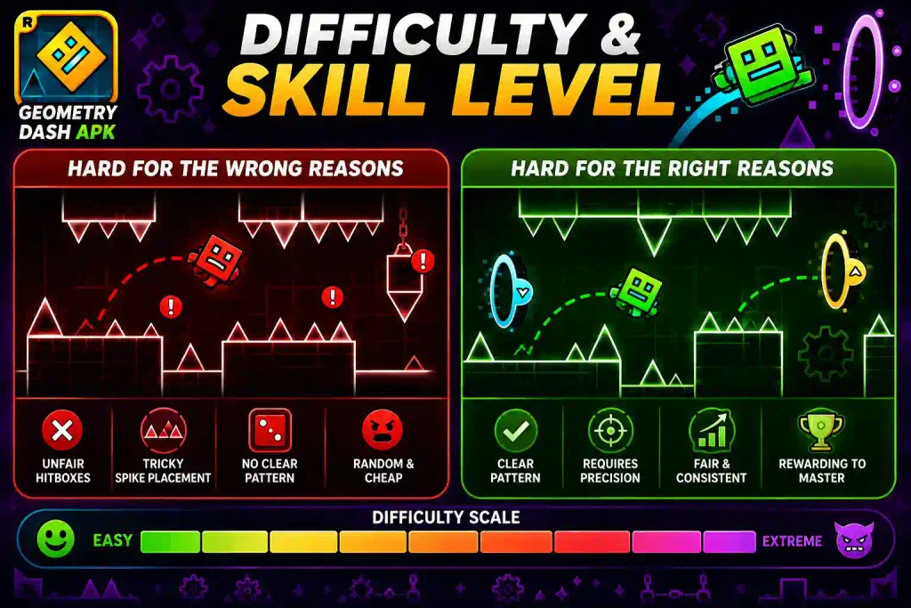 Geometry Dash APK infographic comparing fair skill-based difficulty with unfair level design