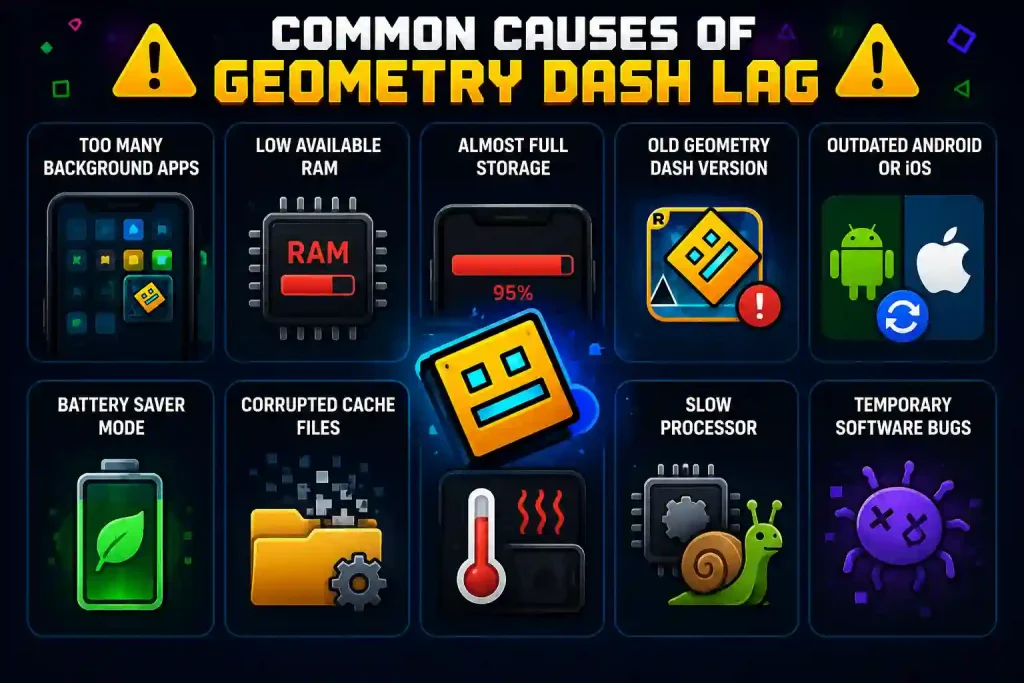 Common causes of Geometry Dash lag including background apps, low RAM, full storage, outdated software, battery saver mode, corrupted cache, overheating, slow processor, and temporary bugs.