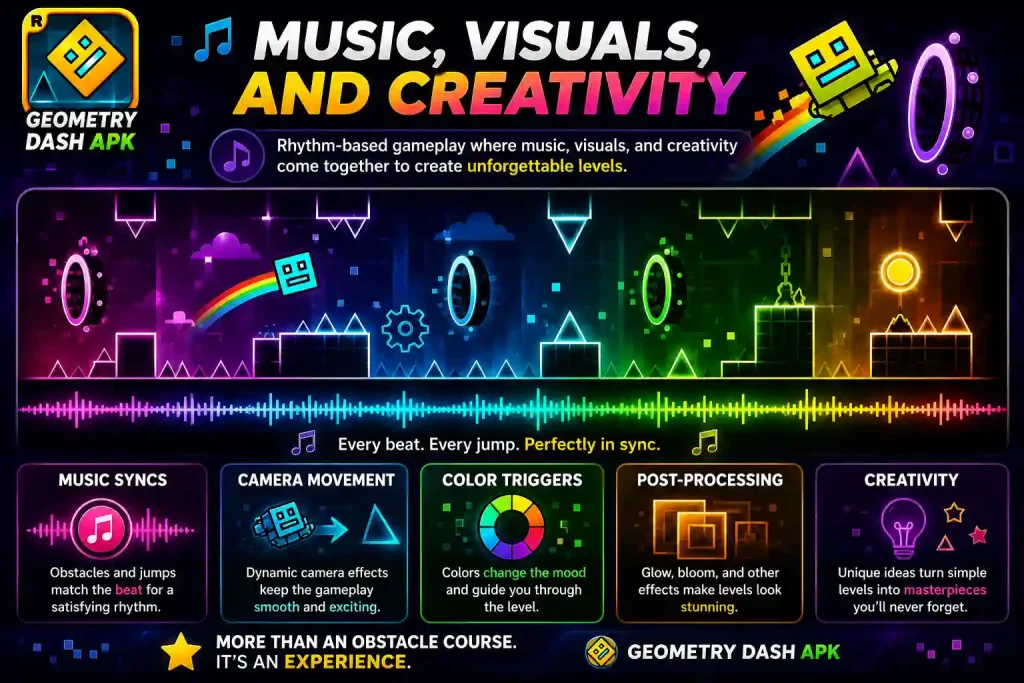Geometry Dash APK infographic showing music sync, camera movement, color triggers, visual effects, and creative level design