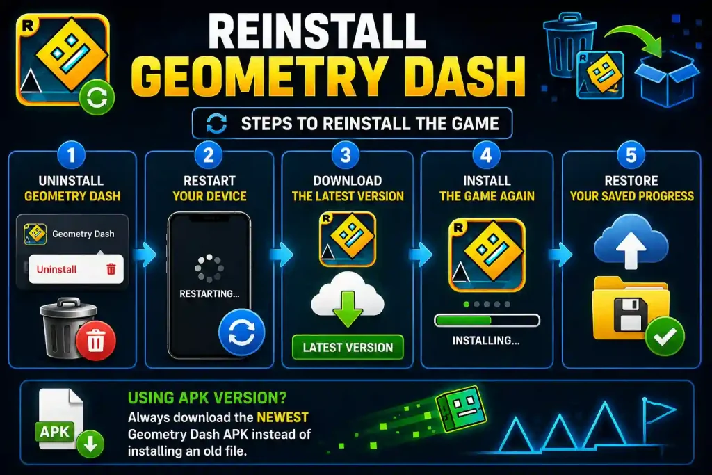 Infographic showing the steps to reinstall Geometry Dash and restore saved game progress.