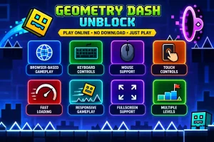 Geometry Dash Unblock features including browser gameplay, controls, fullscreen and multiple levels