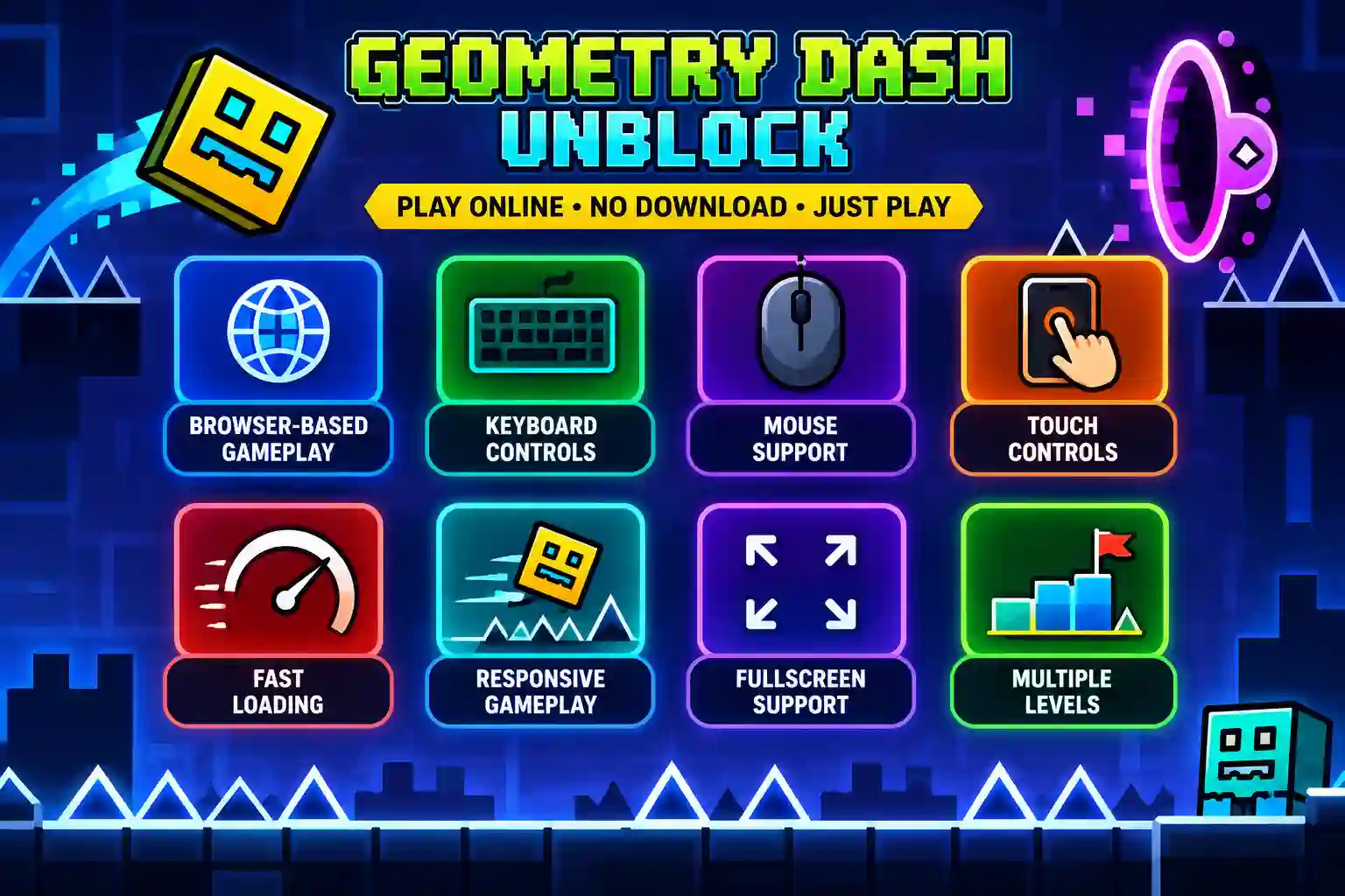 Geometry Dash Unblock features including browser gameplay, controls, fullscreen and multiple levels