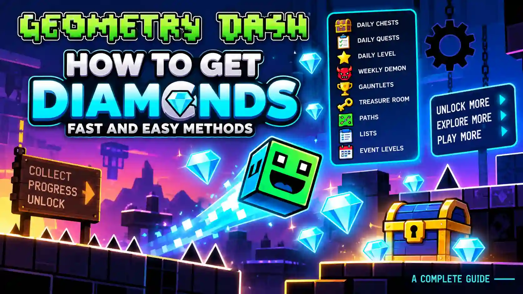 How to get Diamonds in Geometry Dash using daily chests, quests, levels, demons, Gauntlets, and Treasure Room