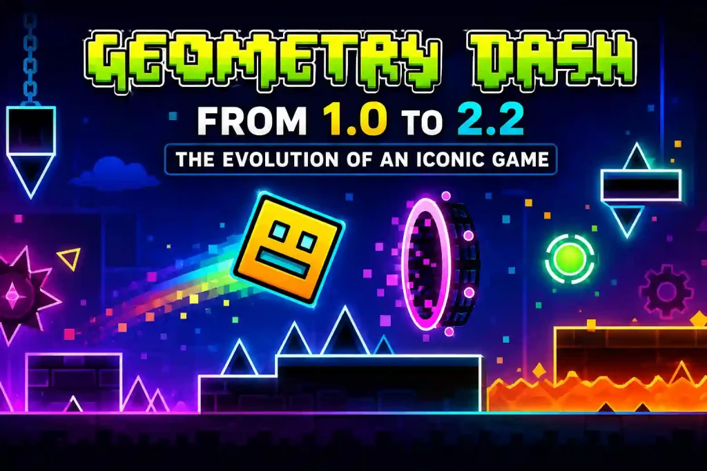 Geometry Dash evolution from version 1.0 to 2.2 showing the iconic cube, portals, obstacles, and colorful gameplay