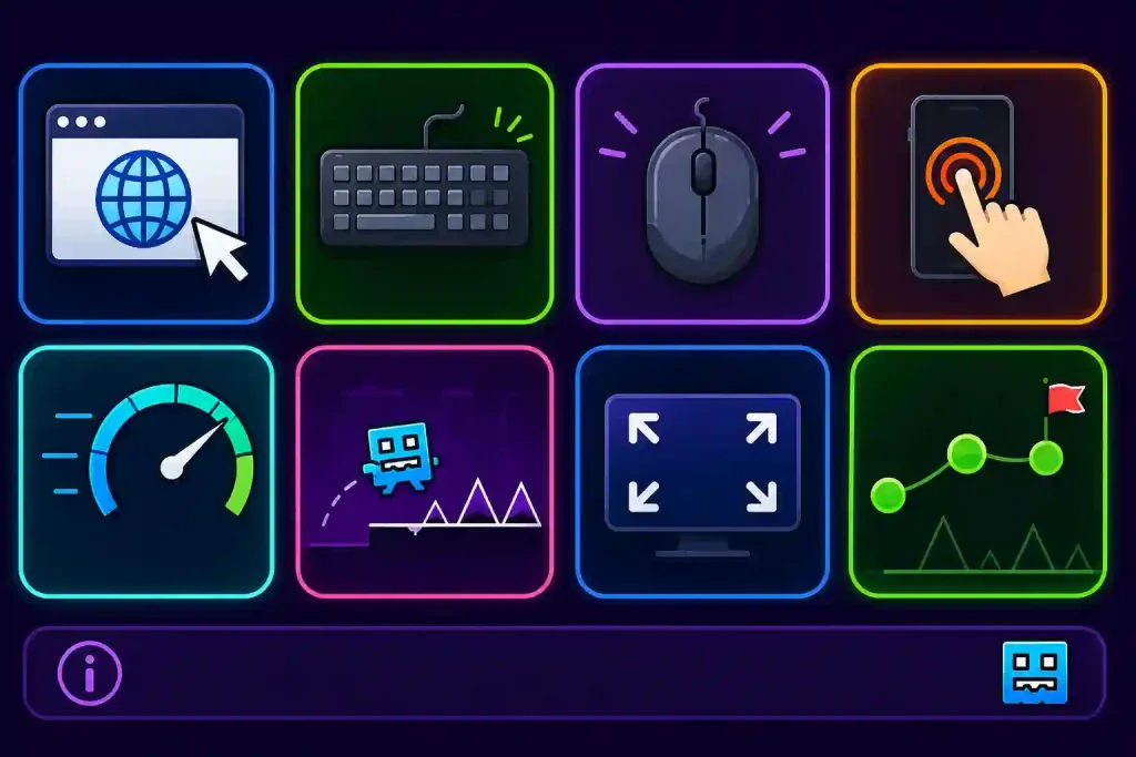 Geometry Dash Unblock features infographic with browser, keyboard, mouse, touch, fullscreen and level icons