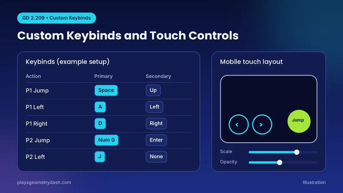 Geometry Dash 2.209 custom keybinds menu for Player 1 and Player 2 with mobile touch button layout