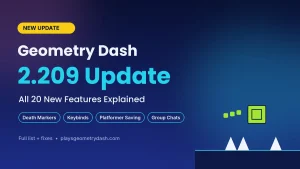 Geometry Dash 2.209 update banner listing death markers, keybinds, platformer saving and group chats