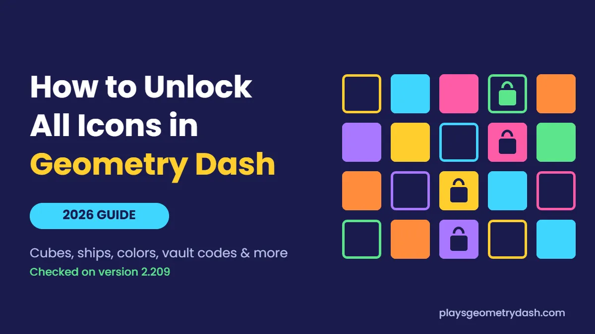 How to unlock all icons in Geometry Dash 2026 guide cover with locked and unlocked icon slots